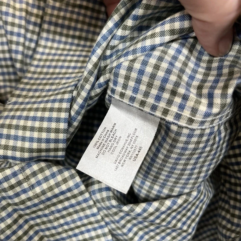 David Donahue Button Up Dress Shirt Mens M Blue Green Check Cotton Long Sleeve